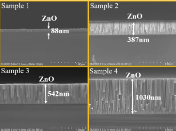 Fig.  2  Cross-sectional  SEM  images  of  ZnO  layers  with  various  thicknesses,  respectively:  (Sample  1)  88  nm,  (Sample  2)  387  nm,  (Sample  3)  542  nm,  and  (Sample  4)  1030  nm