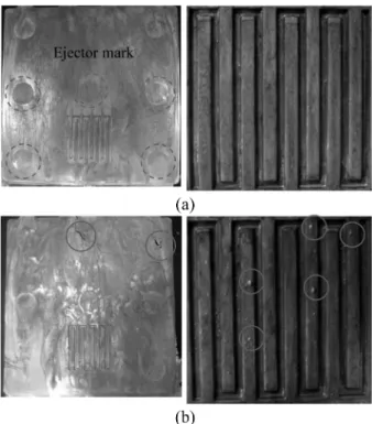 Fig. 11. Thickness and hardness at each position of product for con- con-dition 4: (a) measurement of channel thickness using digital microscope, (b) thickness and hardness graph (unit: mm, Hv).