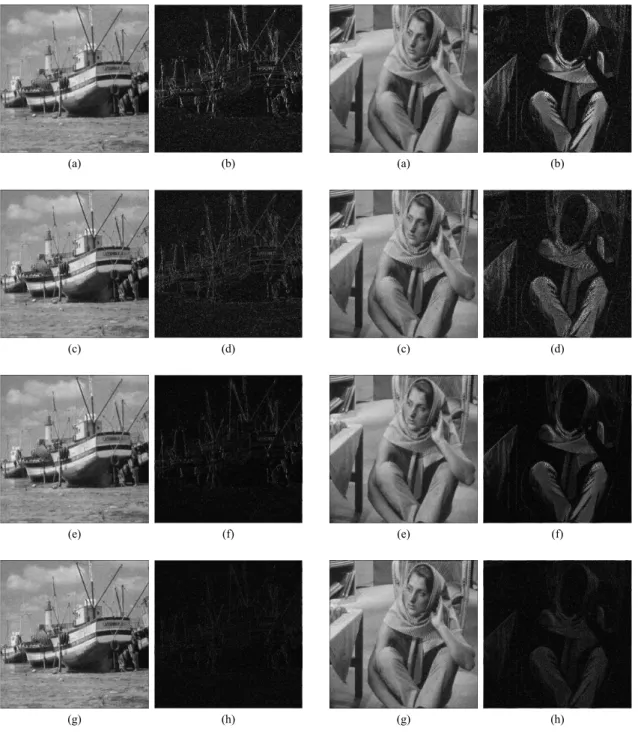 Fig.  5  Simulation  result  (Boat)  (a)  AF  (b)  Difference  image  (AF)  (c)  EDWF  (d)  Difference  image  (EDWF)  (e)  FLBF  (f)  Difference  image  (FLBF)  (g)  PFA  (h)  Difference  image  (PFA)