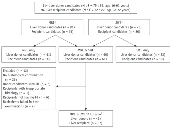 Fig. 1. Flow diagram of study population.  MRE and SWE = patient population that underwent both examinations