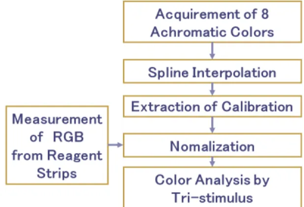 Fig.  1  The  Procedure  of  Pre-processing  for  Urine  Analysis 2.3. 인공신경회로망 구조 휴대용 뇨 분석 시스템의 컬러 정보는 특정한 광원과  관찰자의 조건에 따라 색차를 보이는 조건등색(metamerism)  양상을 보이기 때문에 장비의 재현성 및 정확도를 향상 시키기가 상당히 어렵다