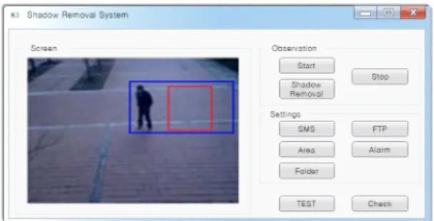 Fig.  11  Remove  Shadows  in  Area  Screen 4.3. 영상 감지 시스템 평가 본 논문에서 설계한 영상 감지 시스템을 평가하기 위 해 객체가 존재하는 영상을 기준으로 객체의 그림자를  인식하는 기존 시스템과의 비교를 진행하여 제안 시스 템의 정확성을 검증하였다