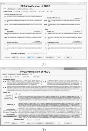 Fig.  8  Screenshots  of  FPGA  verification  results  (a)  EC-DH  key  exchange  protocol  using  P-256  EC  (b)  RSA  encryption/decryption  using  2048-bit  key