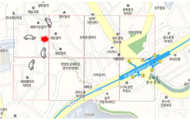 그림 5는 사고가 발생했을 경우에 대해 증명하는 절 차이다. 왼쪽 상단에 폭발 표시된 지역에서 차량 사고가  발생했다고 가정했을 때 직접적으로 사고에 연관된 자 동차 외에 해당 지역을 보고 있는 차량 역시 블랙박스를  통해 사고에 대한 영상 정보를 가지고 있다