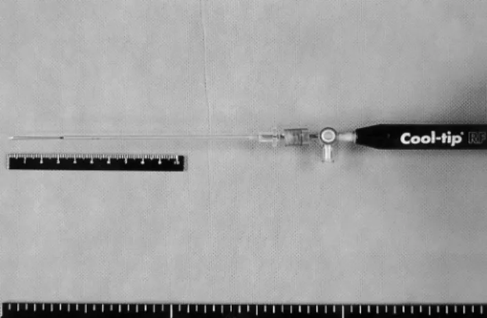 Fig. 1. Photograph of the perfused-cooled electrode which was used for wet RF ablation.