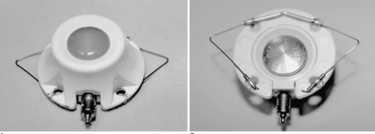 Fig. 1. Photographs of the port chamber with the self-stabilizing leg fixation device (A; top view, B; bottom view)