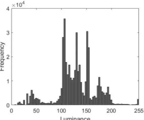 Fig.  9  Histogram  of  proposed  result  image 그림 9는 그림 8(b)  영상을 히스토그램으로 나타낸  것이다.  혼합된 영상의 밝기에 대한 평균값은 78.57이 며,  화질이 개선된 영상은 128.13이다