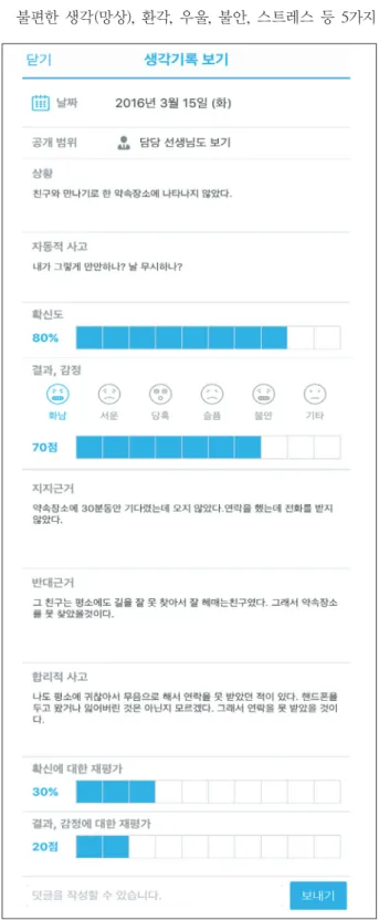 Fig. 1. Screenshot of Thought Record. When the client writes  and sends the self-CBT sheet to the case manager, the latter  re-ceives a notification and can provide feedback in real time