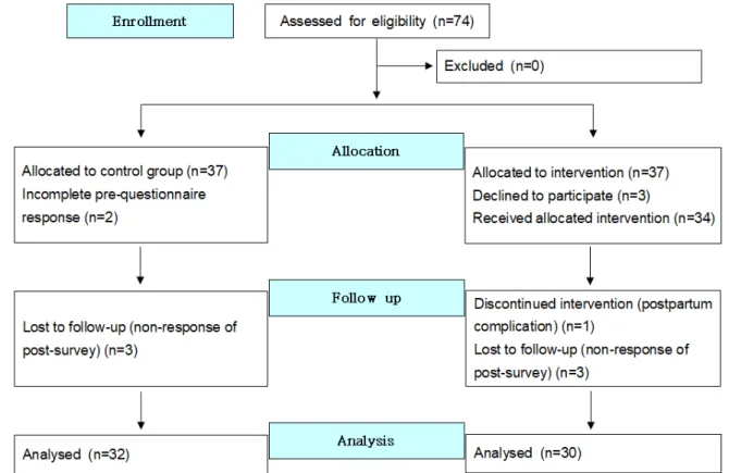 Figure 1. Flow diagram of the study participants. 합병증으로 중도 탈락 1명, 사후 조사 미응답 3명이 탈락하여  총  30명으로 구성되어 최소 표본수를 충족하였다(Figure 1)