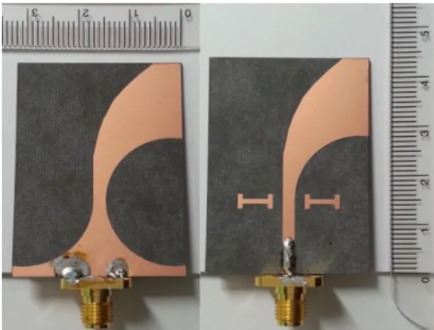 Fig. 2 Photograph of the bottom (left) and top (right)  view of Vivaldi antenna with the parasitic patches.