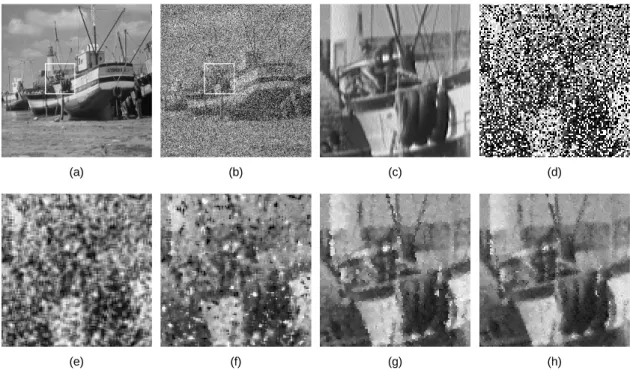 Fig. 2 Barbara image (a) Original image (b) Noise image (c) Zoom of original image (d) Zoom of noise image (e)  A-TMF (f) AWMF (g) MSWF (h) PFA