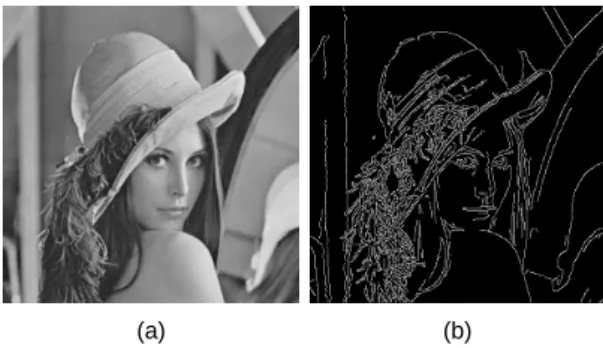 Fig. 1 Lena image (a) Orignal image (b) Canny edge  image 2.2. 잡음 제거 입력 영상   에 대한 국부 마스크를 식 (6)과 같이 설 정한다