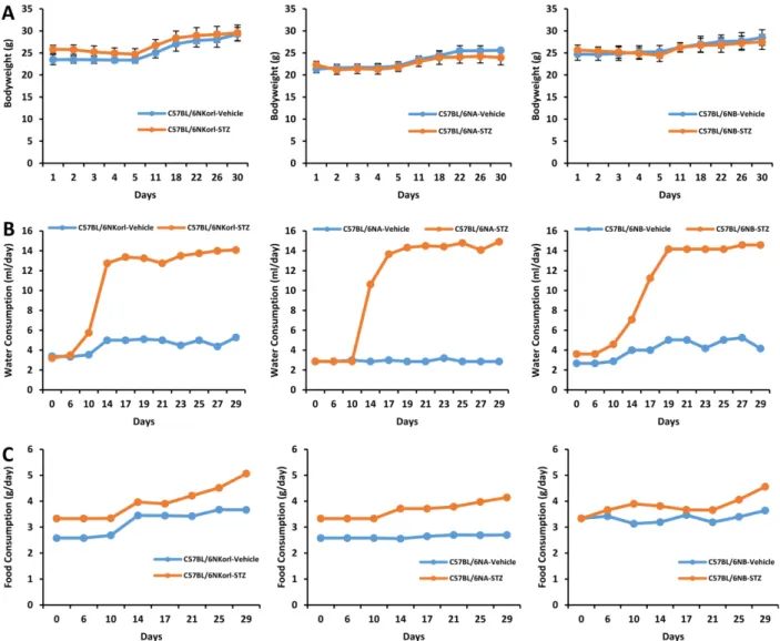 Figure 1. Changes in (A) body weight, (B) water and (C) food consumption after final administration of streptozotocin
