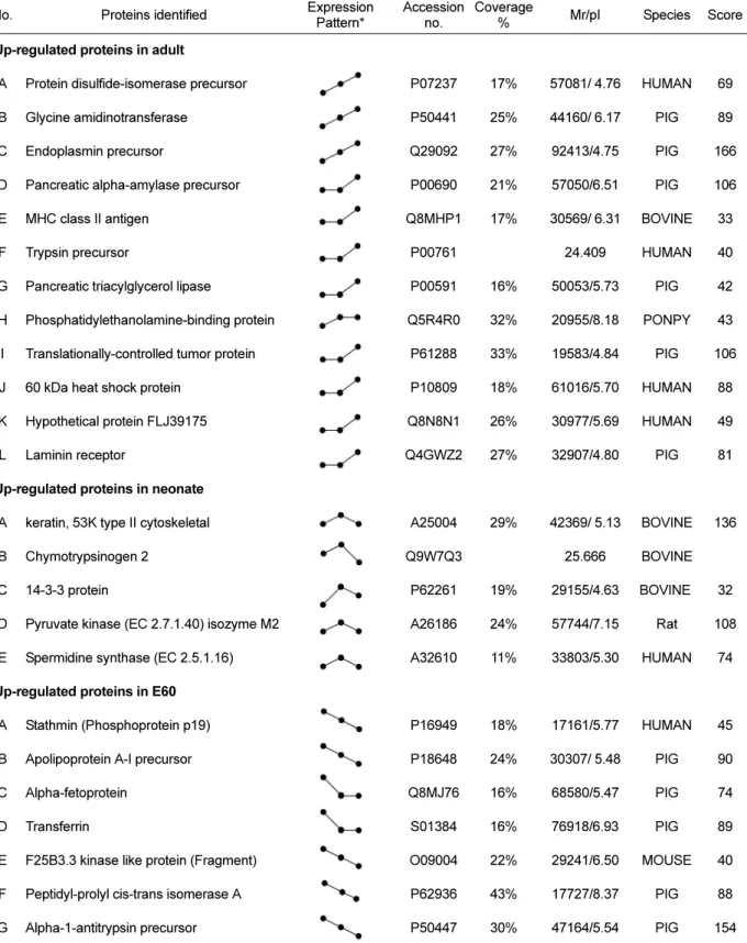 Table 1. Proteins identified by MALDI-TOF MS and classified into three groups depending on the expression pattern during pig pancreas development