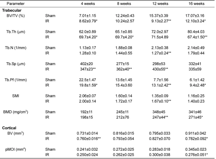 Table 4. Time-related changes in trabecular and cortical bone properties after gamma-irradiation with 2 Gy in 9-week-old mice tibia