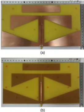 Fig. 5 3D Radiation patterns: (a) 470 MHz and (b) 800  MHz Ⅲ. 안테나 제작 및 실험 결과 그림 6은 제작된 QYA의 사진이며, 안테나의 크기는  280 mm × 150 mm이다