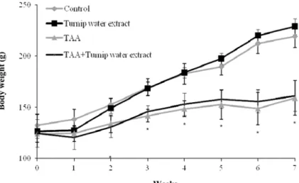 Figure 2.  TAA treated groups showed lower body weight gain compared to TAA non-treated group during the experiment