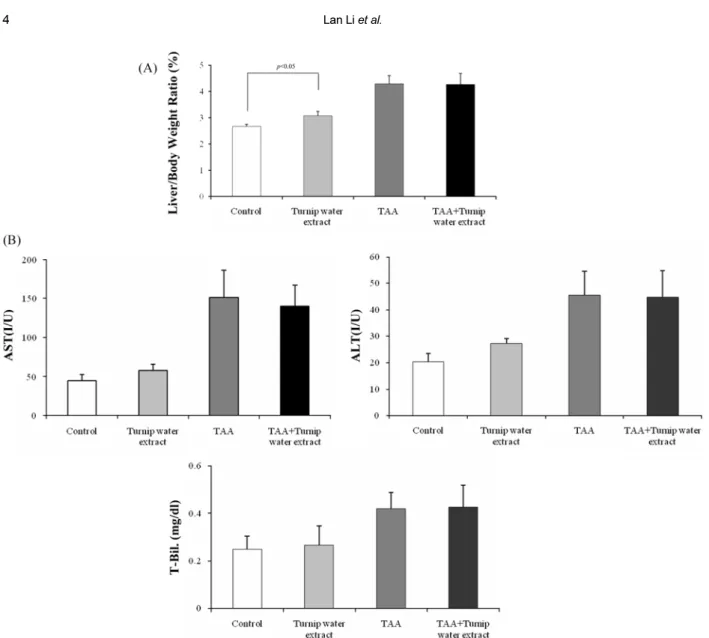 Figure 3.  Physiological changes by TAA treatment or untreatment (A) Relative liver weight of experimental animals