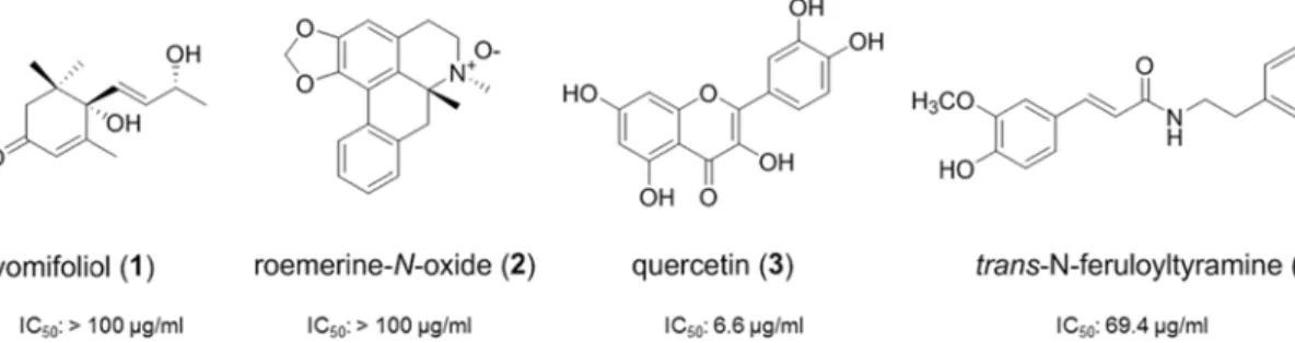Fig. 1. Structures and antioxidant IC 50  values of compounds from lotus leaves.