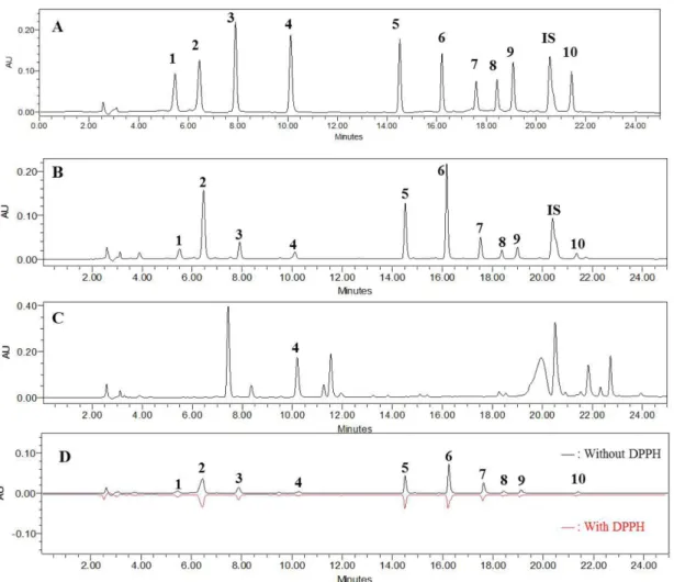 Fig. 2. The HPLC chromatograms at wavelength of 247 nm for the standard mixture (A), Phlomidis Radix extract (B), Dipsaci Radix extract (C), and Phlomidis Radix extract without and with DPPH (D), isochlorogenic acid (IS).