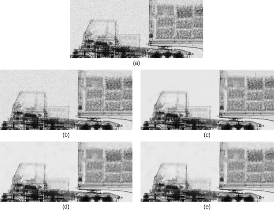 Fig. 5  Simulation result of test image3 (a) noised test image (b) ST wavelet [2] (c) HT wavelet [2] (d) bilateral  filter [5] (e) proposed algorithm
