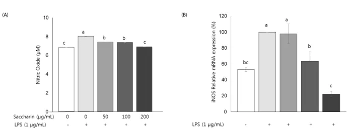 Fig. 2. Effect  of  saccharin  on  NO  production  and  mRNA  expression  of  iNOS  in  LPS-stimulated  3T3-L1  adipocytes