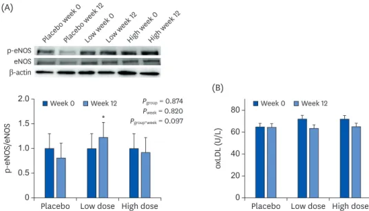 Fig. 2. Effect of ASH fruit supplementation over 12 weeks on biomarkers for vascular endothelial function: (A)  eNOS phosphorylation in the erythrocytes and (B) oxLDL level in the plasma of apparently healthy subjects