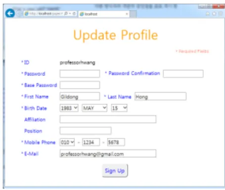 Fig. 10 User profile update procedure Ⅴ. 제안 시스템의 성능 평가 본 논문에서 제안하는 기본 패스워드를 이용한 사용 자 인증 시스템의 성능 평가를 위해 네이버(NAVER)와  다음(DAUM) 포털 사이트의 사용자 인증 시스템[1, 7] 과 트랜잭션 수 및 평균 소요 시간 측면에서 비교를 하 였다[8]