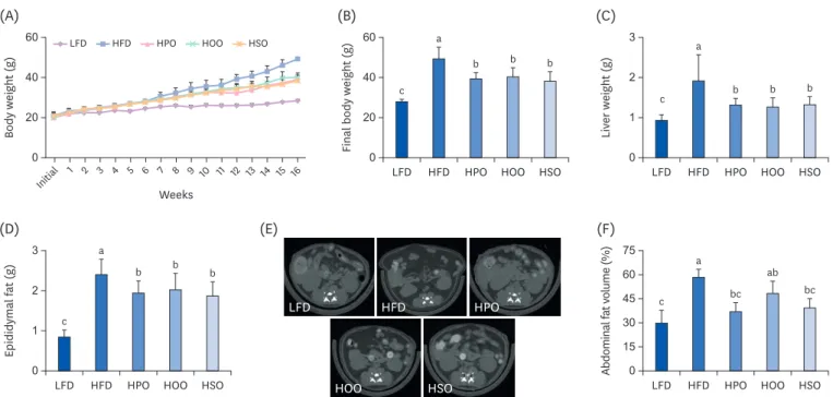 Fig. 1. Anthropometric parameters and micro-CT analysis. Body weight for the whole experimental period (A), final body weight (B), liver weight (C), epididymal fat  (D), and (F) percentage of abdominal fat volume