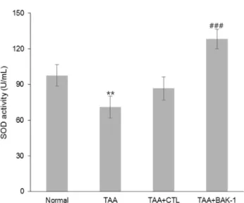 Fig. 4. SOD activity of kimchi supplemented with BJP.  The  effects  of  kimchi  on  SOD  activity  in  the  livers  of  rats  fed  the  indicated  diets  for  4  weeks