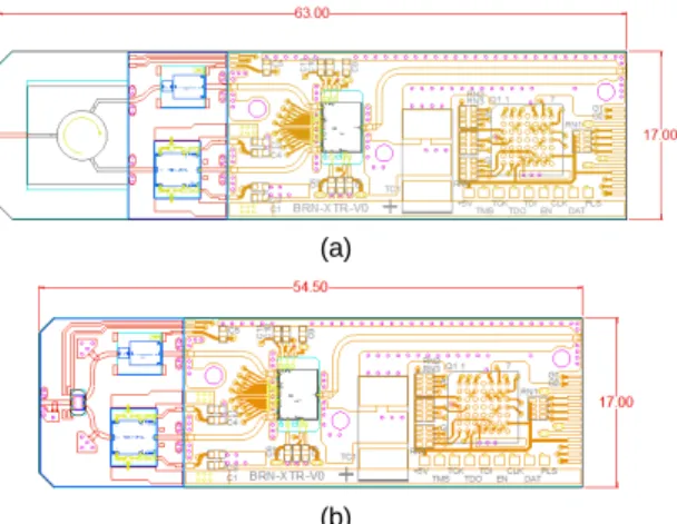 Fig. 11 Comparison of TRM size (a) Circulator TRM (b)  RF MEMS TRM 그림 11은 동일한 반도체송수신모듈 구성에 순환기와 RF MEMS 스위치를 적용하였을 때의 도면을 비교한 것이다