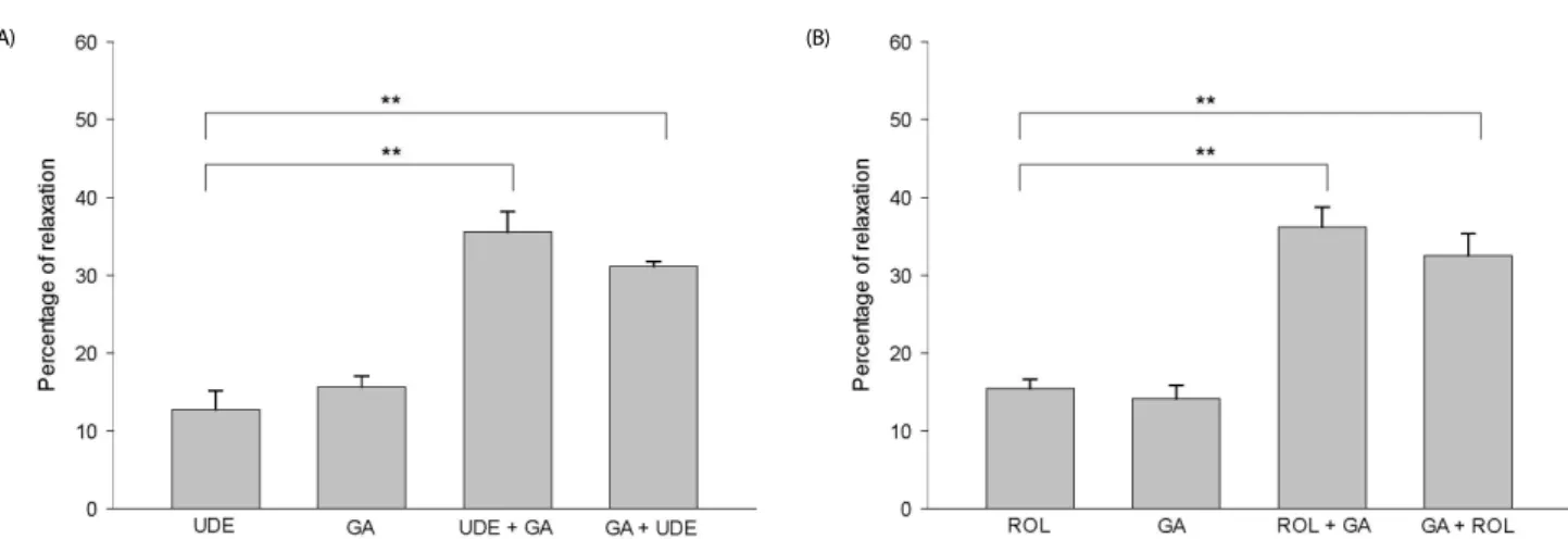 Fig. 5. Interaction of GA (10 -5  M) with UDE (10 -7   M)  or  Rol  (10 -6  M) (n = 4)