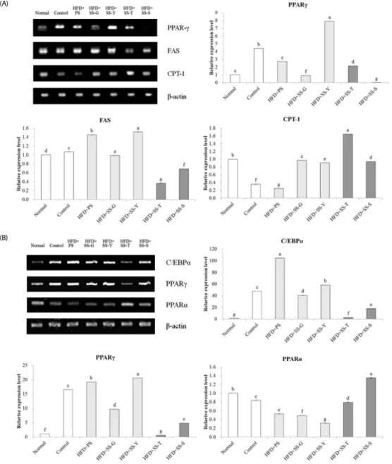 Fig. 2. Changes in mRNA expression of obesity-related factors in (A) liver and (B) EAT by administration of salt samples to diet-induced obese mice