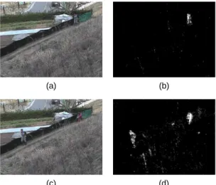 Fig. 3 Foreground Object Segmentation using Background  model (a) Frame 62 (b) Frame 62 (c) Frame 946 (d) Frame  946 그림 3 (a), (c)는 원본 영상이며 그림 3 (b), (d)는 제 안한 알고리즘을 적용한 분할 결과를 보여준다