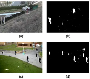 Fig. 7 Object Segmentation and Detection using Proposed  Method (a) Frame 1033 (b) Frame 1033 (c) Frame 558 (d)  Frame 558