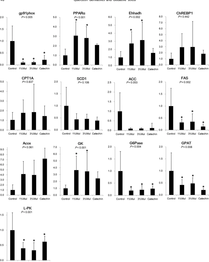 Fig. 1. Gene expression changes in the liver induced by mulberry and catechin powder.  Each  values  expressed  means ± SD
