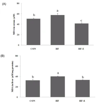 Fig. 2. Expression of (A) PPAR-α and (B) PPAR-γ in the liver. CON; mice fed  regular  diet  (10%  of  calories  derived  from  fat)  with  distilled  water  as  a  vehicle  (0.1  ml,   p.o