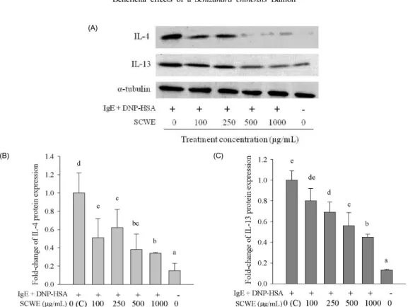 Fig. 4. Effects of Schisandra chinensis water extract (SCWE) on interleukin (IL)-4 and IL-13 protein production in RBL-2H3 cells stimulated with the IgE-antigen  (DNP-HSA) complex