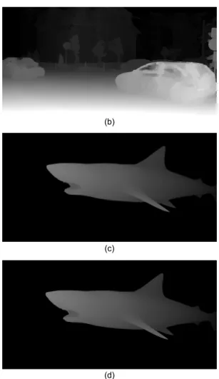 Fig. 3 Given depth image and global depth image (a)  Input depth image D2(Street) (b) Global depth image  (Street) (c) Input depth image D2(Shark) (d) Global depth  image(Shark) 이렇게 생성된  global 깊이 영상은 부호화 시 데이터 의 양을 줄이기 위하여 수평,  수직 방향으로 1/2  만큼  다운샘플링 (dow