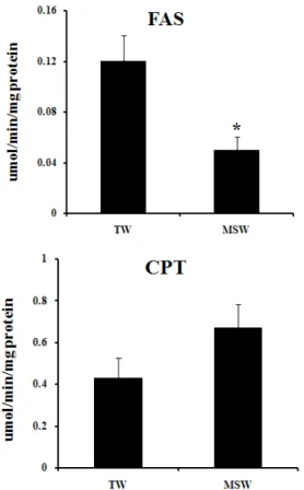 Fig. 4. Quantitative mRNA expressions of liver lipogenesis genes in C57BL/6  mice treated with high fat diet (HFD) and drinking of desalinated underground  seawater