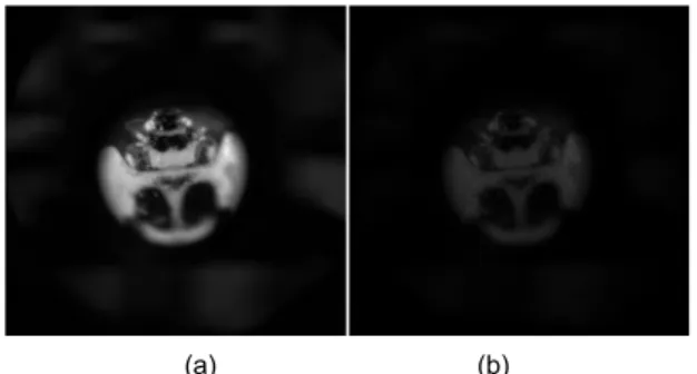 Fig. 4 3D reconstructed images at 224 mm depth (a)  using high power light source and (b) using photon  counting integral imaging microscopy with Np=20,000