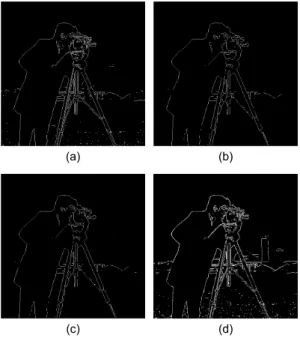 그림 6.  시뮬레이션 결과 (a) Sobel (b) Morphology (single  SE) (c) Morphology(Multi-SE) (d) 제안한 알고리즘(=5) Fig