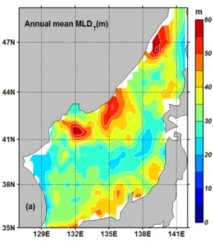 Fig. 3 Annual mean of the mixed layer depth in the East  Sea[5] 3.2. 음향층심도와 혼합층깊이의 공간분포 동해에서 음향층심도와 혼합층깊이가 거의 같다고  가정하면 두 깊이의 공간적인 분포 특징은 Lim et al