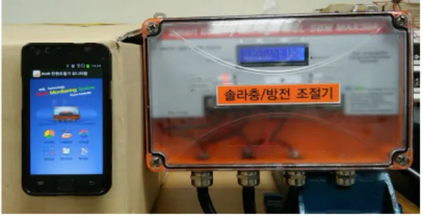 Fig. 5 The charge and discharge controller with bluetooth function 3.3. 모바일 모니터링 시스템 구현 모바일 모니터링 시스템의 응용프로그램은 메인, 모 니터링,  사용설명,  국내표준규격,  환경설정,  데이터관 리 화면으로 구분된다