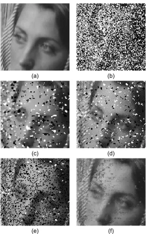 Fig. 4 Simulation result for Barbara enlarged image (a)  Original image (b) Noise image (c) SMF (d) CWMF (e)  SWMF (f) PFA 그림  3에서 (a)는 원 영상, (b)는 잡음 영상(P=50%), (c) 는  SMF, (d)는 CWMF(   ), (e)는 SWMF(     ),  (f)는 제안한 알고리즘(PFA)으로 처리하였다