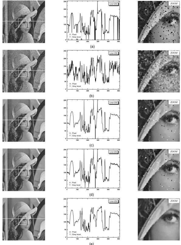 그림 4.  Lena  영상에 대한 시뮬레이션결과（a) CWMF (b) A-TMF (c) AWMF (d) SWMF (e) PFA Fig. 4 Simulation result of Lena image (a)CWMF  (b) A-TMF (c) AWMF (d) SWMF (e) PFA
