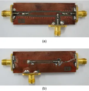 Fig. 4 The photograph of the fabricated variable trans-  mission line to be power transmission or power distribution  (size: 55x20 mm 2 ) (a) The front face and (b) the reverse  side