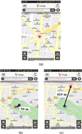 Fig. 6 Positioning results using T-MAP at Jinhae Jungwon  Rotary in Changwon city (a) GPS (b) A-GPS (c) Cell-ID