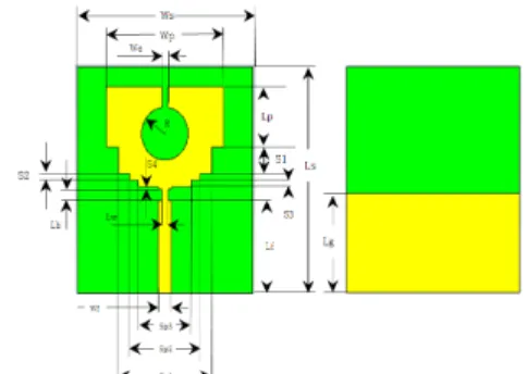 그림 2.  제안된 마이크로스트립 패치 안테나 Fig. 2 Proposed Microstrip patch antenna 표 1.  안테나의 파라미터