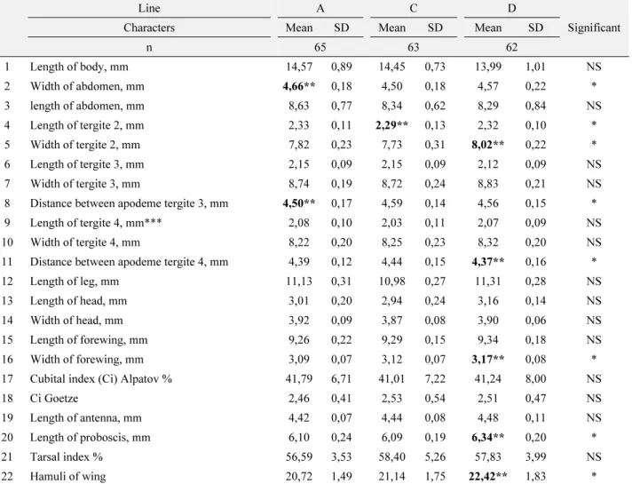 Table 2 shows (*) the significant characteristics of bee lines within one group, isolated on a phylogenetic dendrogram (Fig